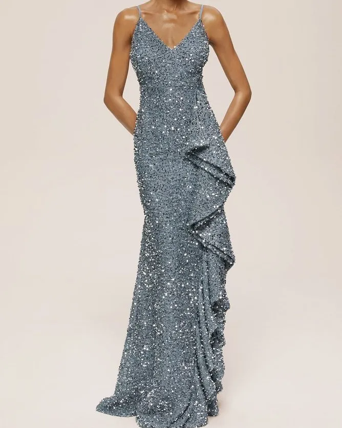 แฟชั่นเลื่อมชุดราตรีเซ็กซี่ V คอสายสปาเก็ตตี้ด้านข้าง Ruffles ชุดปาร์ตี้ Glitter Sequined ชุดราตรียาวตรง