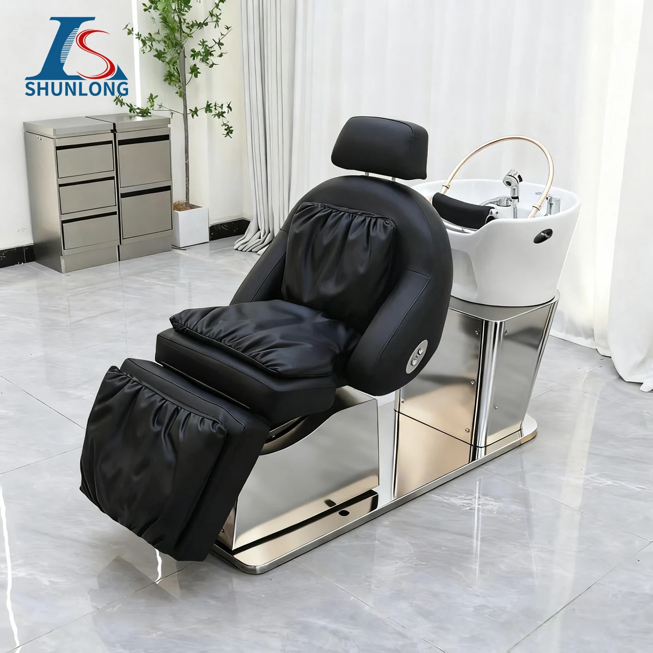 Ceramic Basin Electric Lift Shampoo Chair With Water Circulation Fumigator Semi-Lying Flushing Bed For Hair Salon
