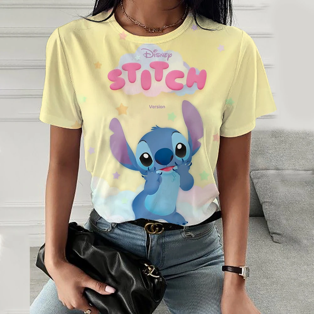 

2024 Kawaii Lilo Stitch Print T-shirts Tops for Women Lady Summer Children T-shirts Casual O-neck Ohana Stitch Disney T-shirts