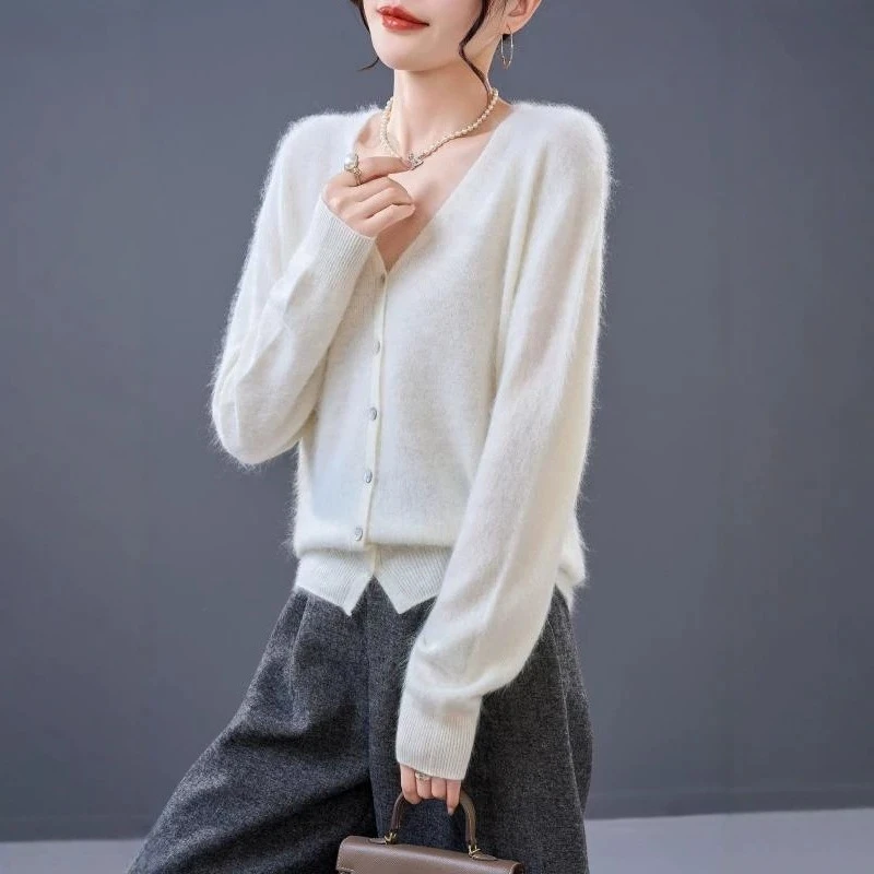 2026 autumn and winter brushed mulberry silk wool and cashmere sweater knitted V-neck cardigan jacket
