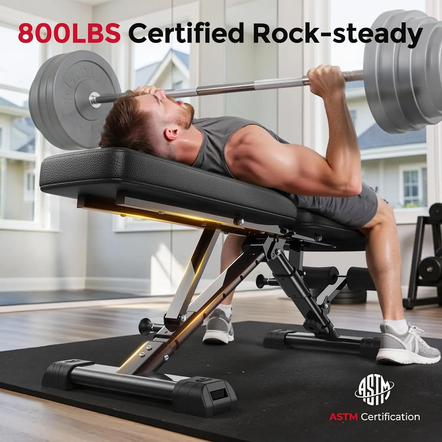 800 LBS ASTM Certified Adjustable Weight Bench, Foldable Workout Bench for Home Gym, 90° to -30° FID with 30 in Extended Backrest for Bench Press Strength Training Exercise