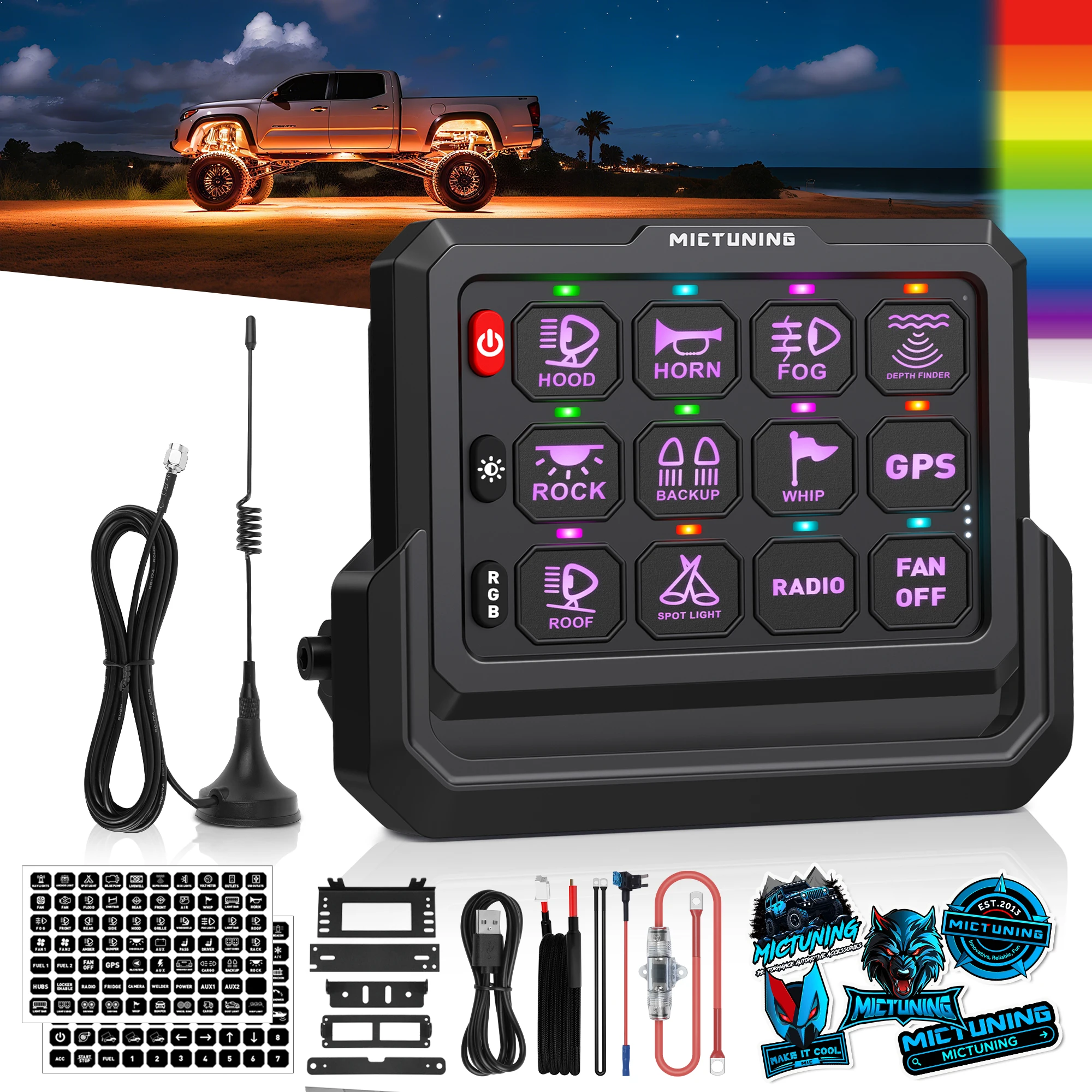 MICTUNING P1s Wireless 12-Group Switch Panel with Remote Control up to 328FT, Multi-Function Relay System Box for Off-Road Truck