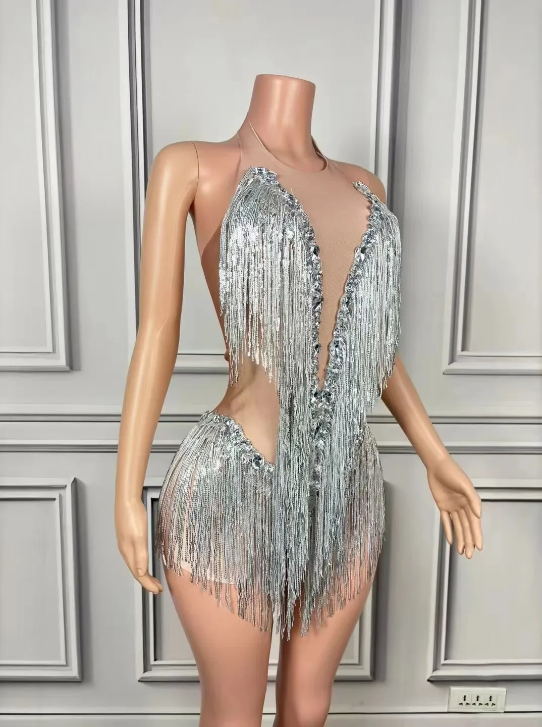 Nuovo argento halter nappa costume da ballo latino ballo di fine anno concorso festival musicale cantante canto costume spettacolo di auto modello vestito