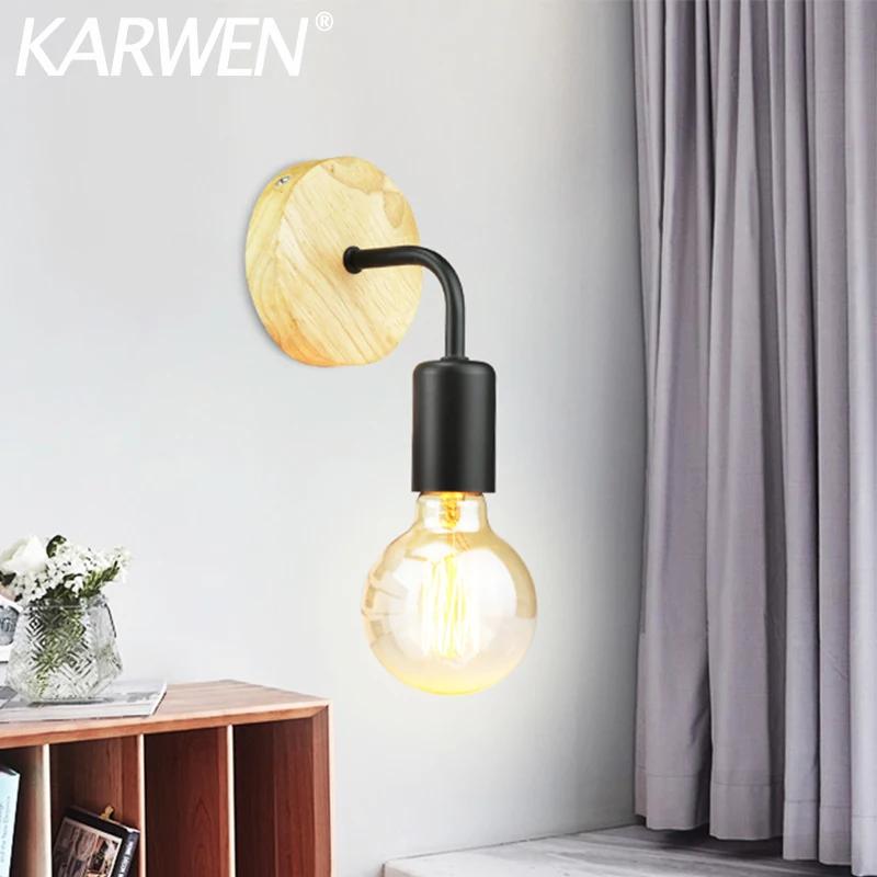 Vintage Wood Wall Lamp E27 110V 220V Hemp Rope Wall Lamp Indoor Loft Outdoor corridor Wall Lights Industrial Sconce Bedside Lamp