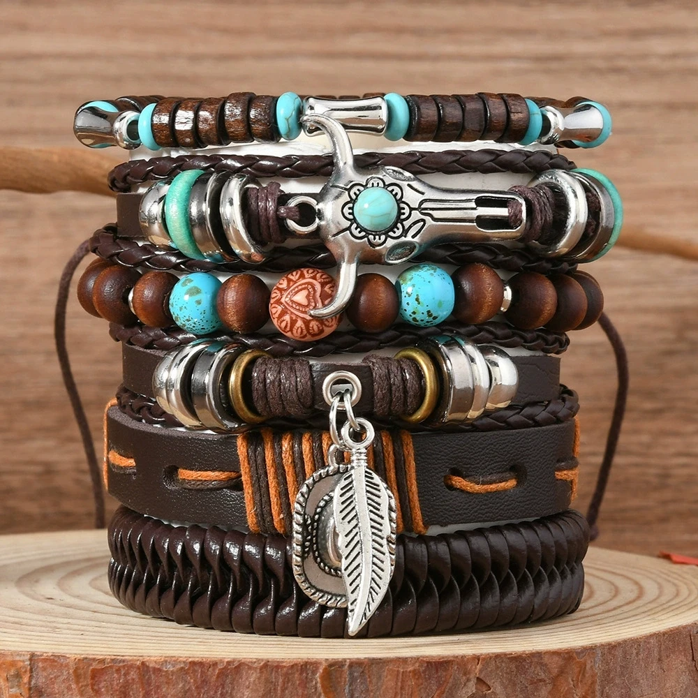 Layered Leather & Wood Beads Bracelet with Bull Head & Leaf Charms, Western Style For Men