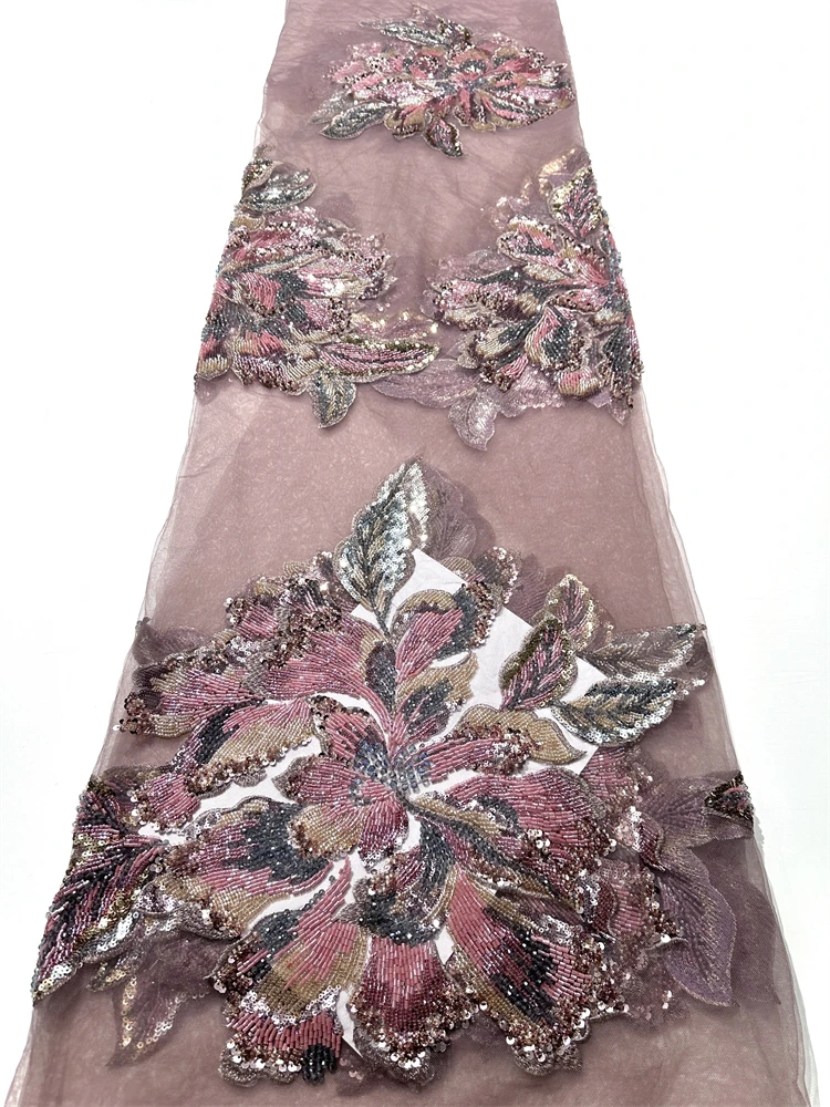 

Fashion 2025 High Quality African Tulle Lace Fabric Handmade Beads Nigerian Sequin Laces Fabrics 5 Yards for Women Party Dress