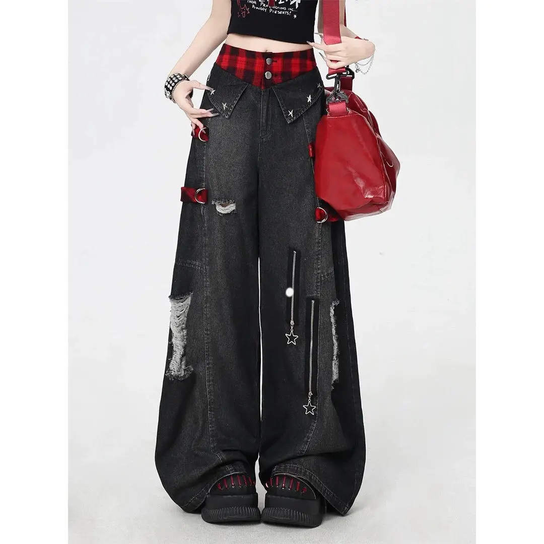 Y2K rouge gothique Hip-Hop trou Vintage jean fille haute rue tendance américain Baggy lavage ceinture globale épissage femme pantalon à jambes larges