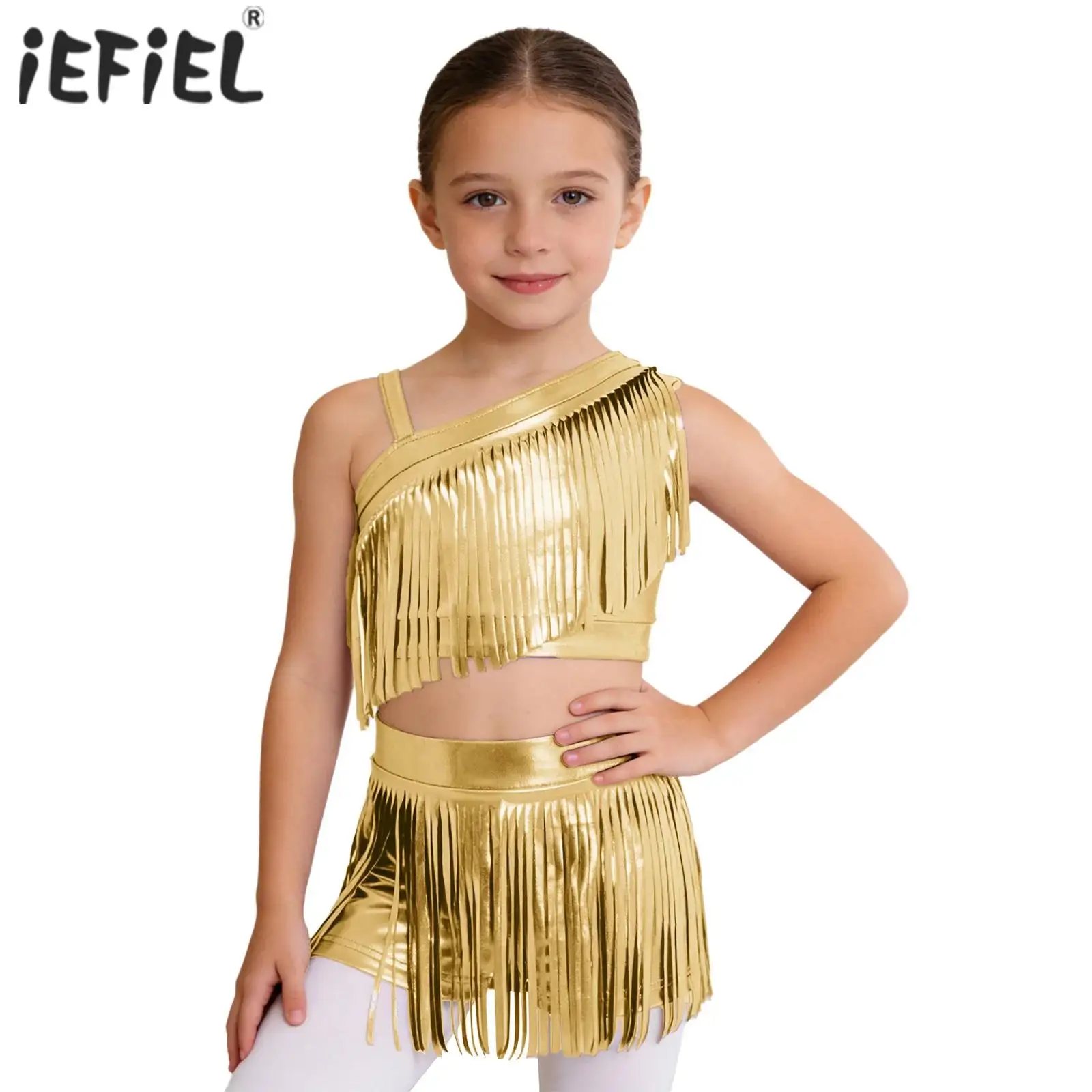 Kids Girls Jazz Dance Costume Asymmetrical Shoulder Metallic Tassels Crop Top with Shorts for Stage Performance Competition