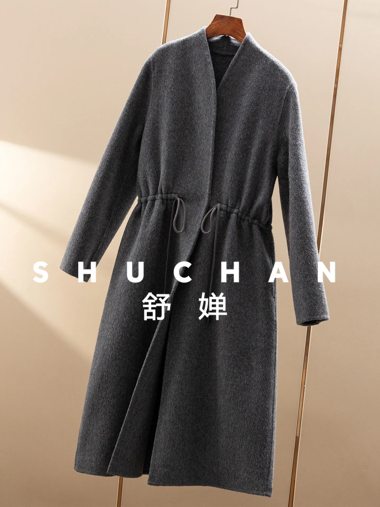 Elegant Coat Atmosphere French Wool and Cashmere Handmade Double-sided Tweed Mid-length Waist Coat Women's 20J9