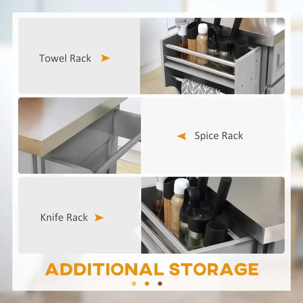 عربة جزيرة المطبخ الحديثة مقاس 57 بوصة طول × 17.75 بوصة عرض × 36.5 بوصة ارتفاع مع درجين ورف توابل وسكين ومنشفة، رمادي