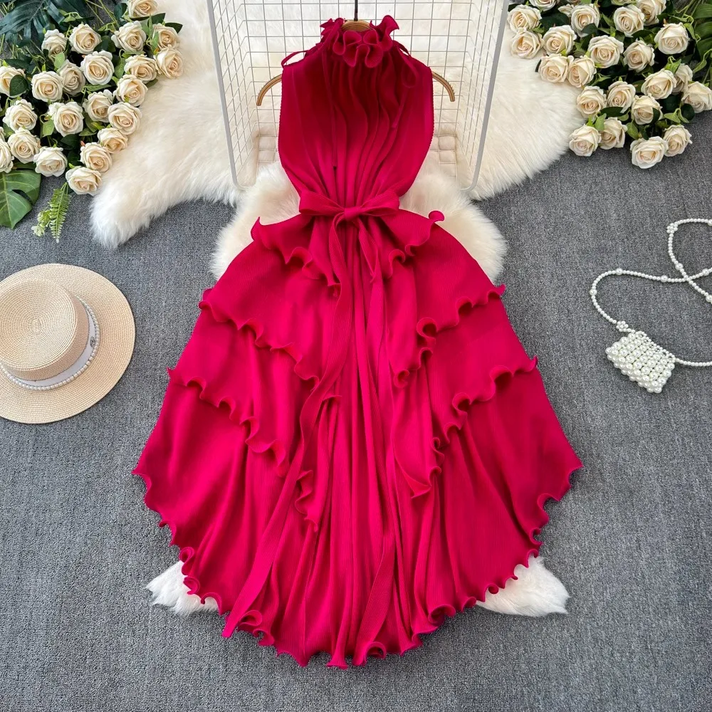 Summer Holiday Miyake Pleated Dress Women\'s Stand Collar Lace Up Sleeveless Elastic Oversized Ruffles Boho Robe Loose Vestidos