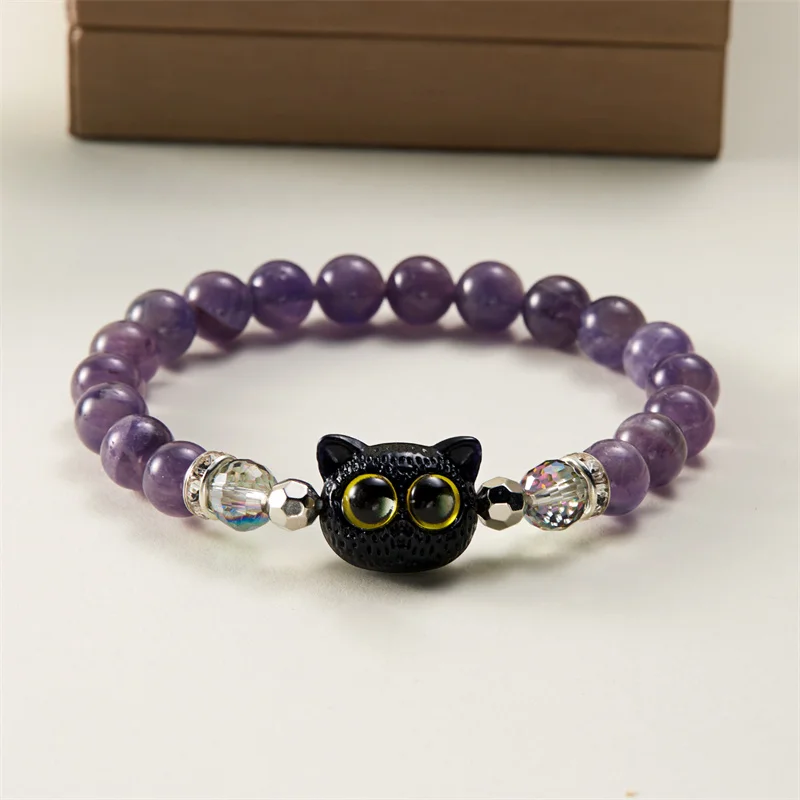 Cute Big Eyes Black Cat Beaded Bracelet Fashion Natural Stone Elastic Bracelet Women's Hand Bracelets Jewelry Accesories