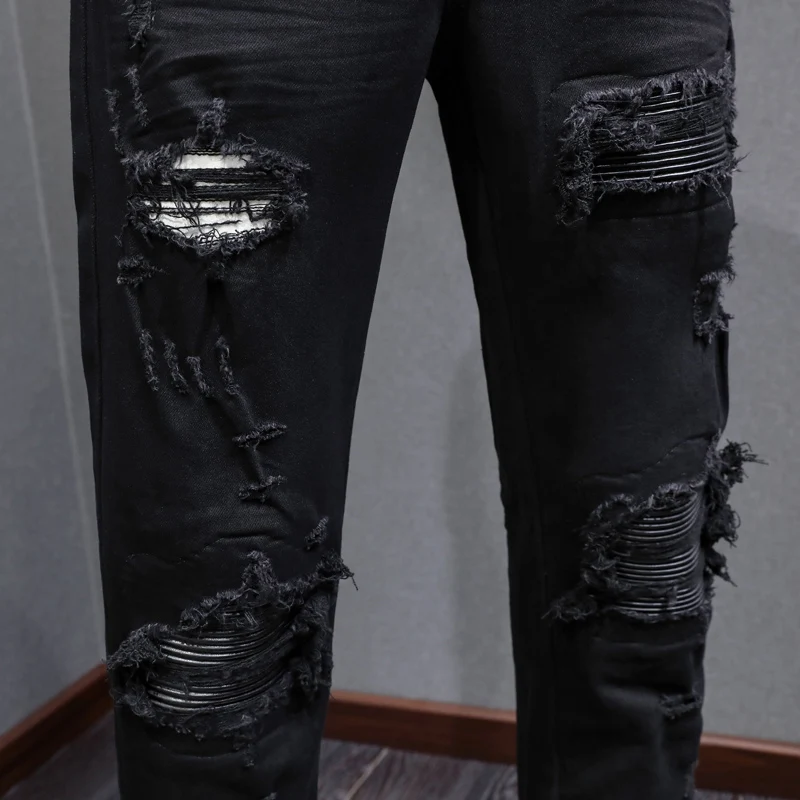 Designer fashion new men's jeans stretch slim fit ripped patch black jeans hip-hop brand pantshombre