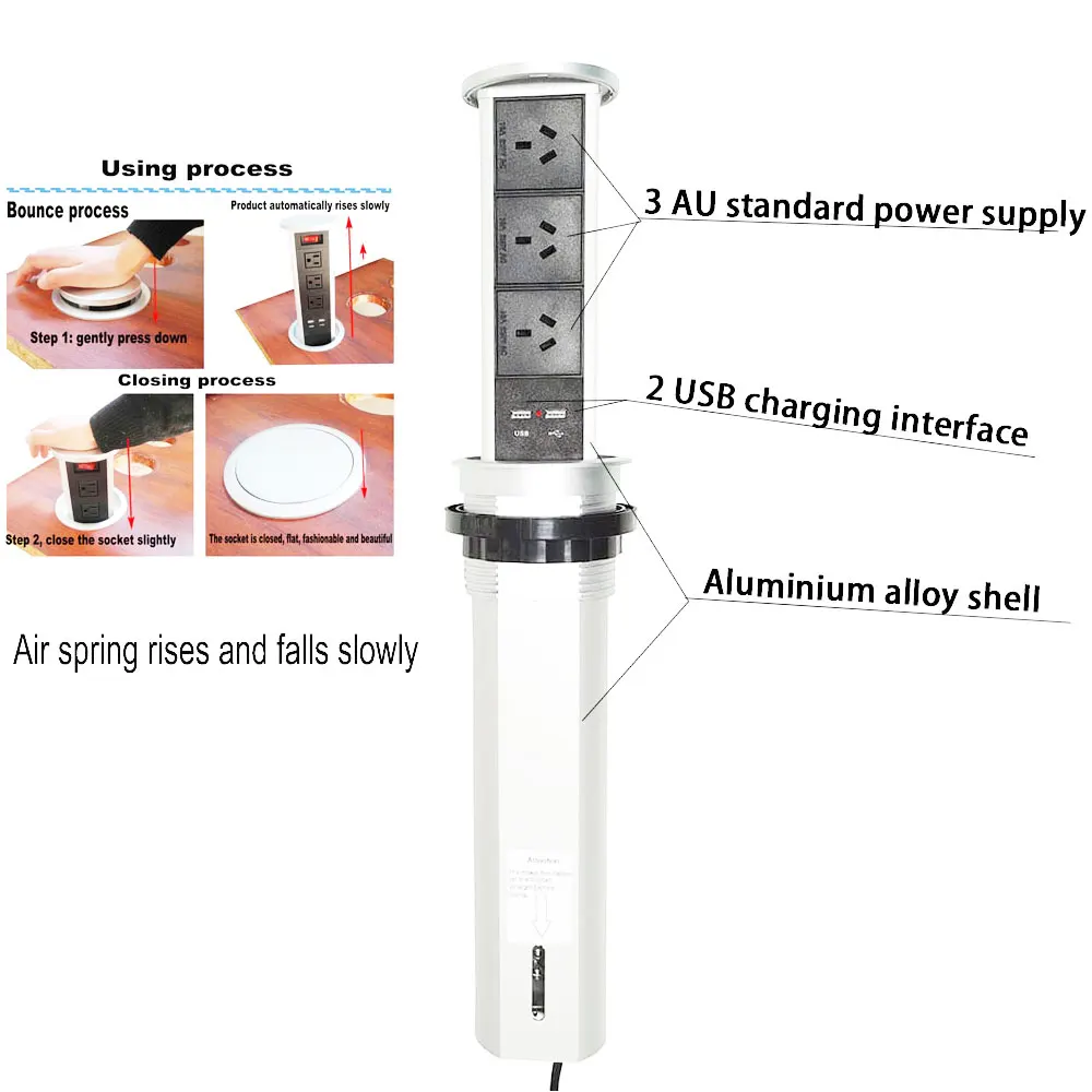 Silver Gas Spring Lift Power Outlet USB Charger Pneumatic Pop Up Tabletop Socket 3-bit Customizable Jack With Cable Wire 1.5m