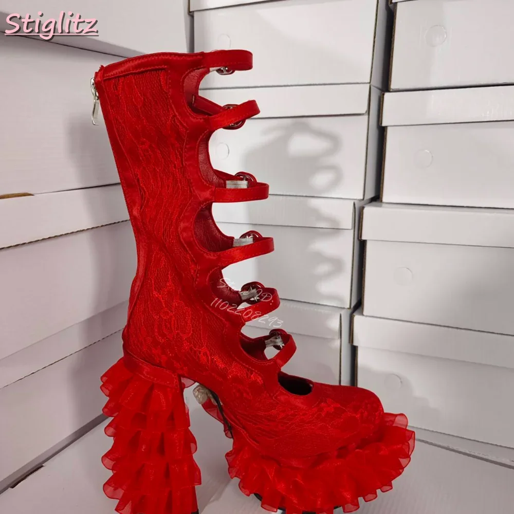 Sexy Ruffles Gothic Pumps Round Toe Lace Platform Square Heels  Buckle Straps 2025 Spring New Women\'s Thick-sole Fashion Shoes