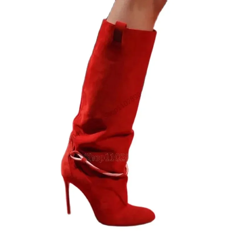 

Red Rope Decor Flock Pointed Toe Boots Knee High Slip On Women Shoes Stilettos High Heels Novel Fashion 2023 Zapatos Para Mujere