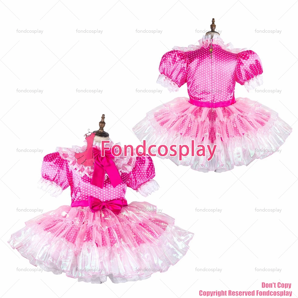 fondcosplay adult sexy cross dressing sissy maid hot pink Dots satin organza dress lockable Uniform costume CD/TV[G2126]