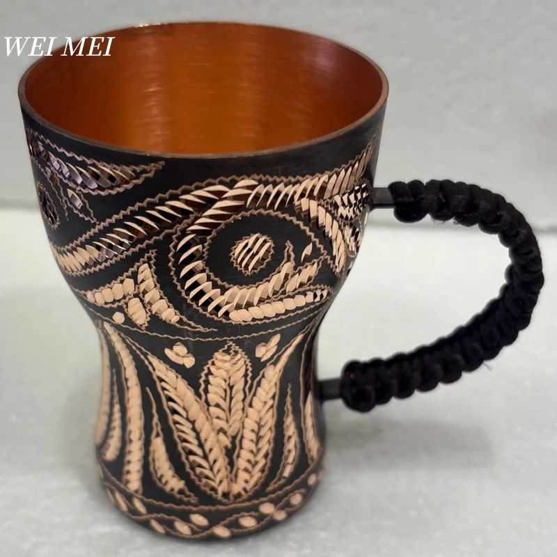 

Pattern Random Handcrafted Vintage Pure Copper Coffee Mug,Woven Handle Beer Cup,Carving Unique Art Relatives Gift Mug Tableware