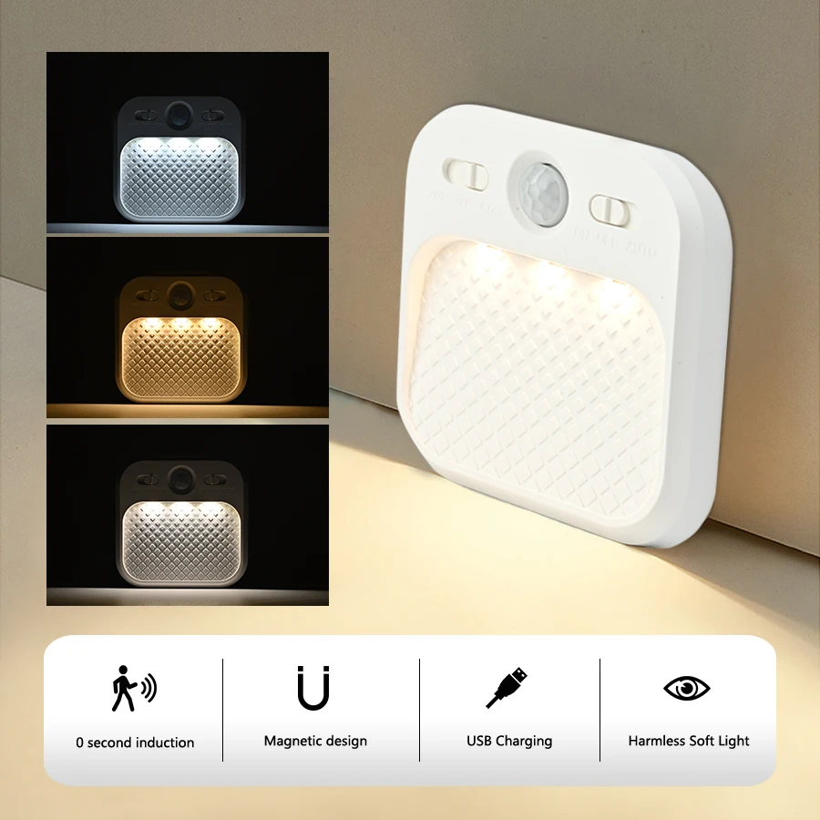 

Светодиодный светильник для шкафа с датчиком движения TYPE-C, квадратная лампа с зарядкой, 3 цвета, регулируемый ночник для спальни, прихожей, освещения шкафа