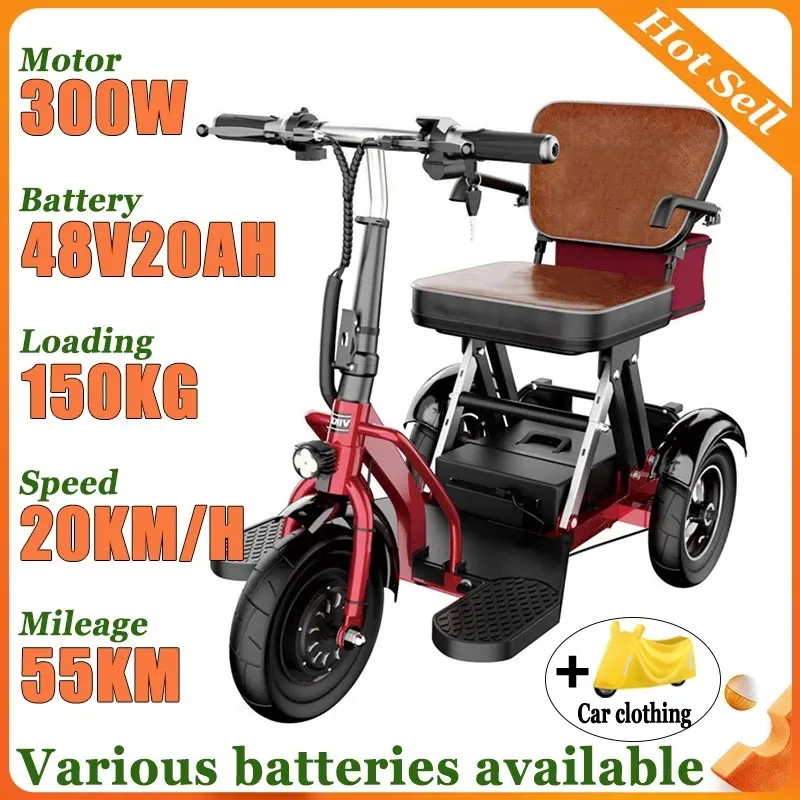 Red Elderly Leisure Electric Tricycle Fold Adult Disabled Portable Commuting Electric Scooter Removable Battery Mobility Scooter