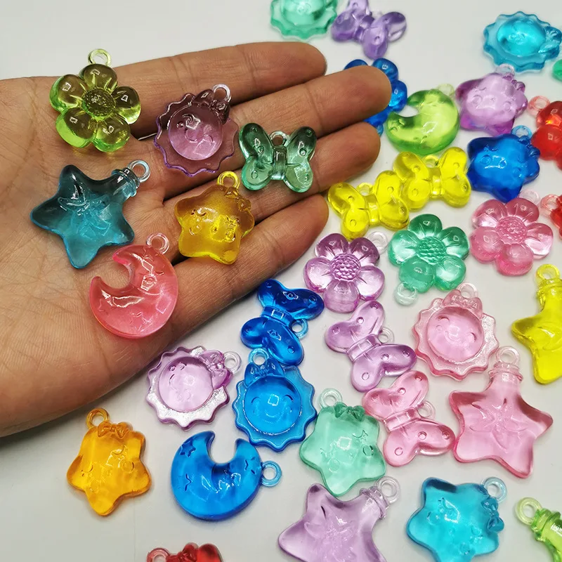 Camal 10Pcs Mixed Acrylic Sunflower Star Moon Pendant With Hole Kawaii DIY Jewelry Making Necklace Phone Decoration Accessories