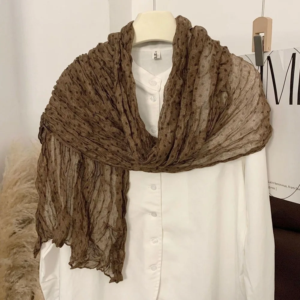 Korean-style Floral Print Cotton Linen Scarf Wrinkle Frill Trim Pleated Shawl Scarf Versatile Wear Female Headscarf Women
