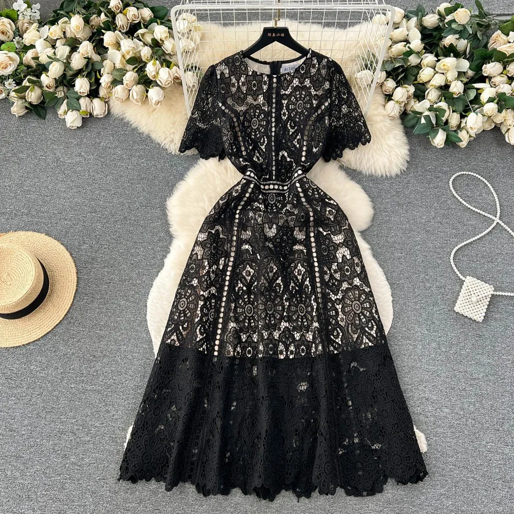 Vintage Solid Lace Patchwork O-Neck High Waist   Short Sleeve Dress Chic Summer Beach Vestidos Women Sundress