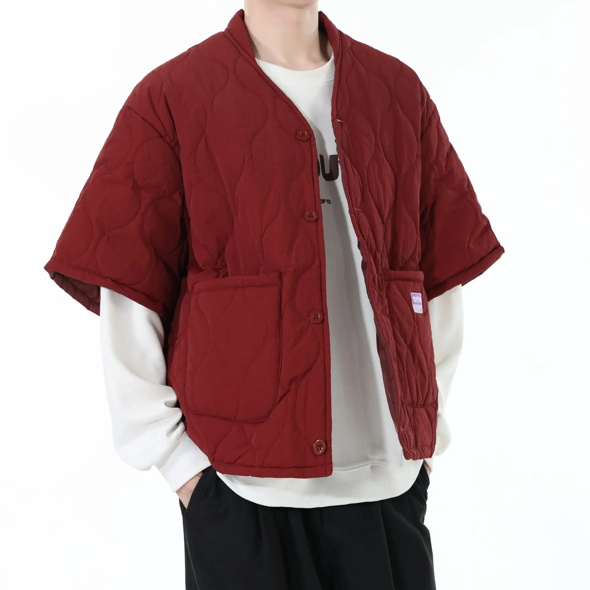 Autumn Winter Japanese Streetwear Half Sleeve Padded Jacket Harajuku Casual Mens Jacket Harajuku Thick Trendy V-Neck Coat Male