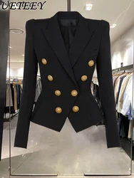 Abrigo de traje adelgazante con doble botonadura para mujer, Chaqueta corta negra versátil, elegante, a la moda, Otoño, 2023