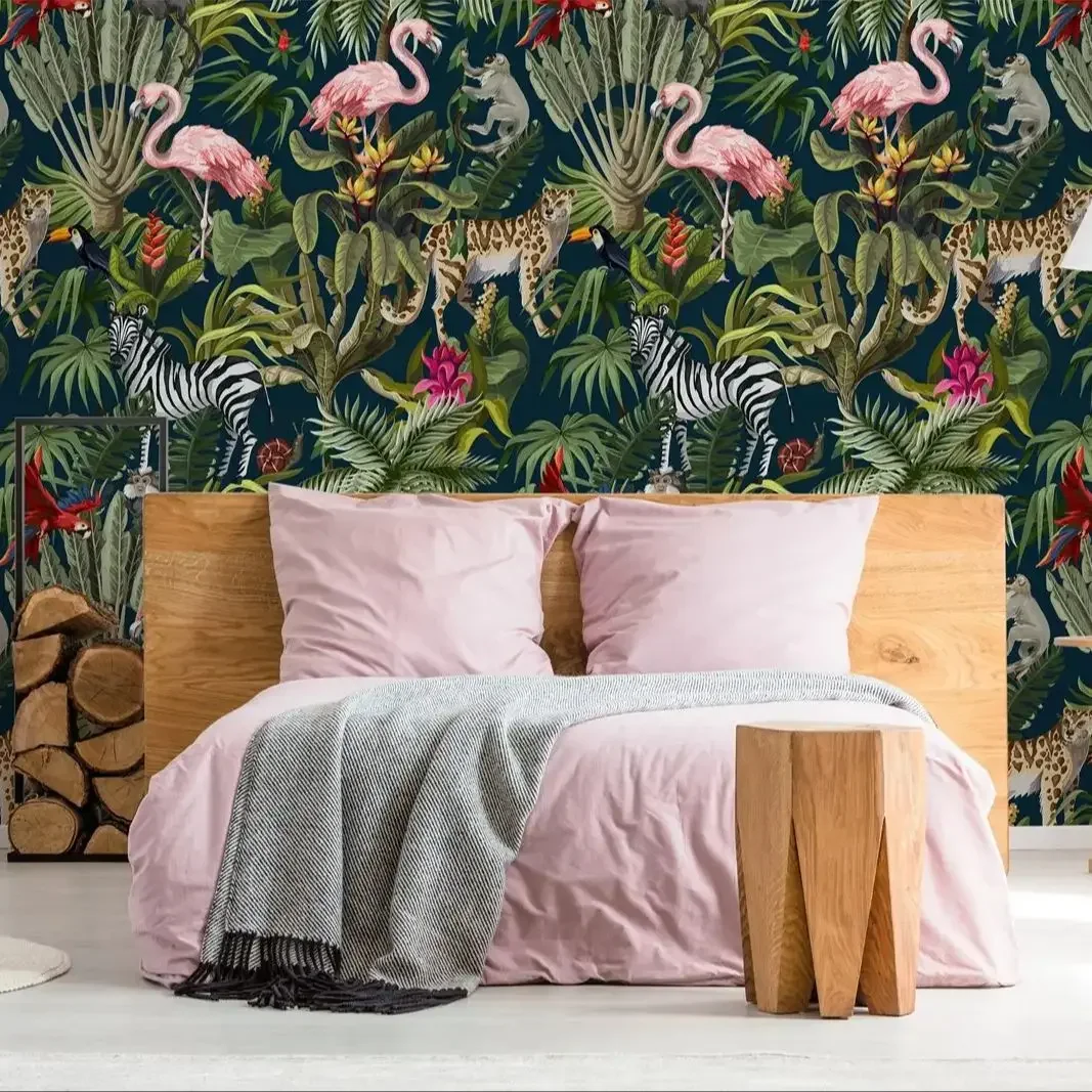 Self Adhesive Or Traditional Forest Wallpaper, Watercolor Jungle Wallpaper For Nursery Decor, Zebra & Flamingo Tropical Wall Art