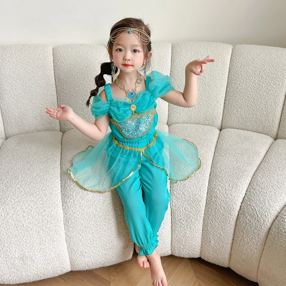 

2Pcs Fancy Girl Cosplay Princess Jasmine Costume Halloween Carnival Kids Shoulderless Dance Birthday Party Aladdin Clothing Set