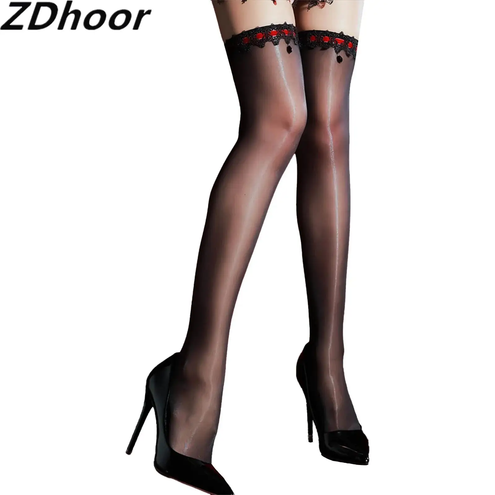 Women Lace Trim Ultra-thin Stockings Glossy Stretchy Stockings Lace-up Stockings for Club Lingerie Party Night Out Date