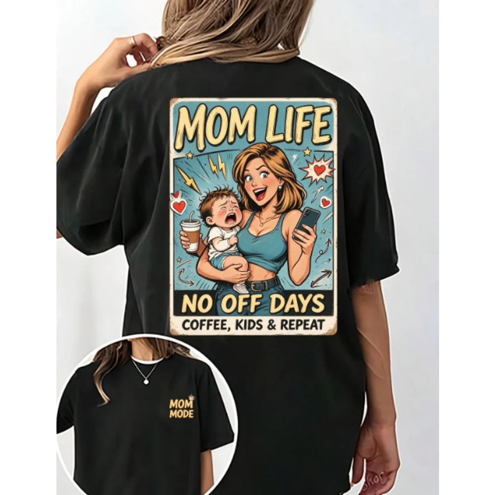 Women Mom Life Double Sided Graphic T Shirt Coffee Kids Repeat Funny Comic Print Crew Neck Short Sleeve Casual Mom