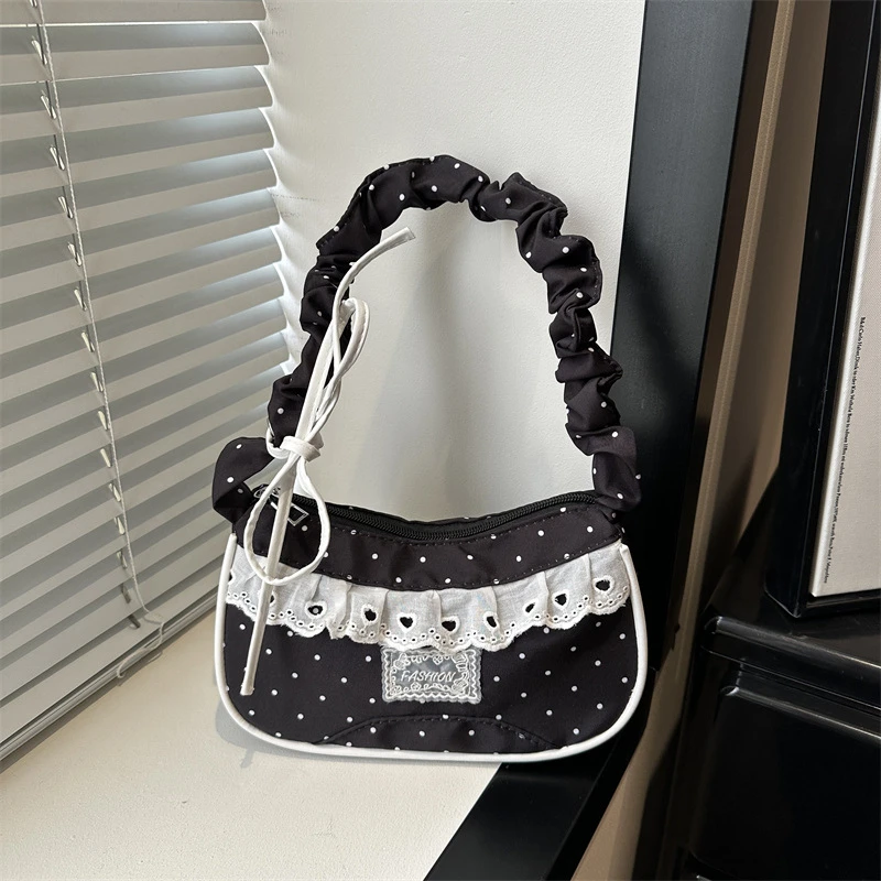 Gepunktete Spitzen-Rüschen-Unterarmtasche Süße Kleine Schultertasche mit Gerafftem Griff Hobo-Handtasche Damen Y2k Mini Quadratische Reißverschluss-Handtasche mit Schleife – Detail 6