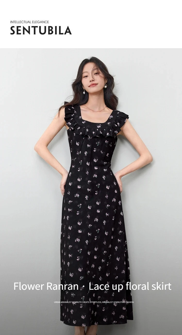 SENTUBILA Damen Sommerkleid mit Blumenmuster 2026 Elegantes bedrucktes, ärmelloses, tailliertes langes Kleid mit Schnürung, zwei Tragevarianten 152LO3118 – Detail 3