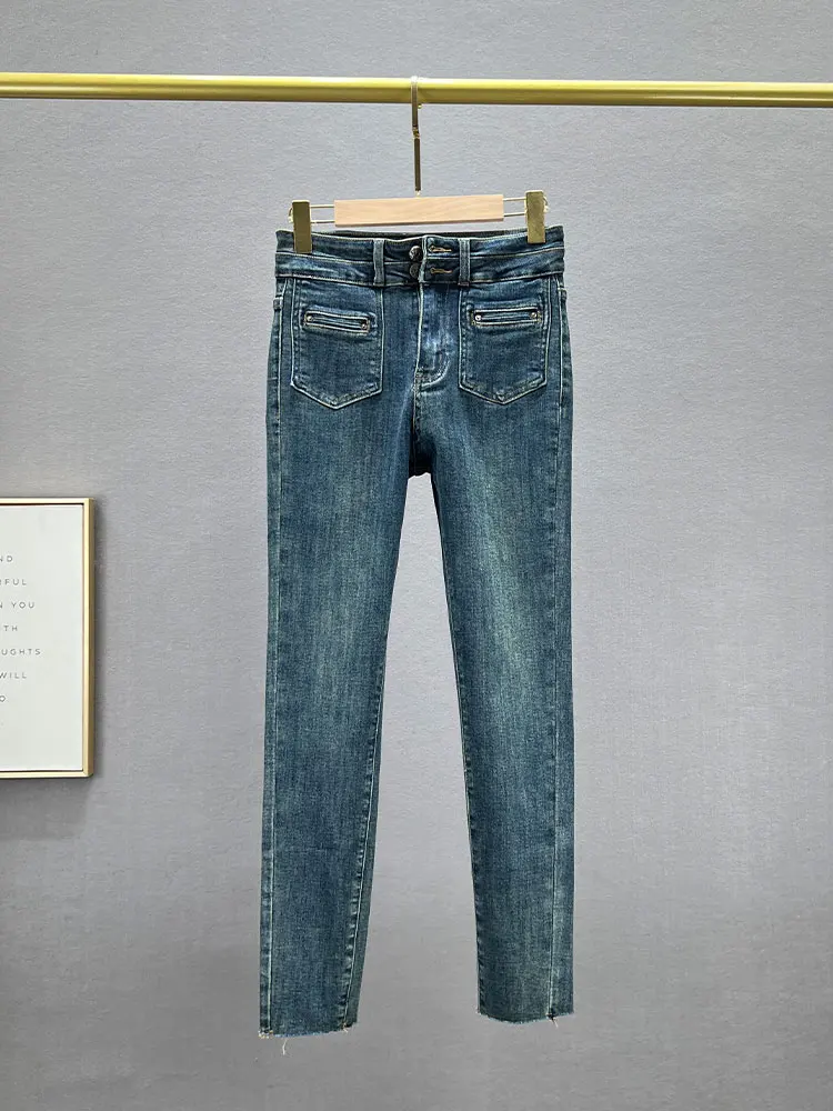 

High Waist Slim Fit Denim Capri Pants Women's Elastic Multi-Buled 9-Piece Jeans Cotton Stretch Fall Season Pencil Pants