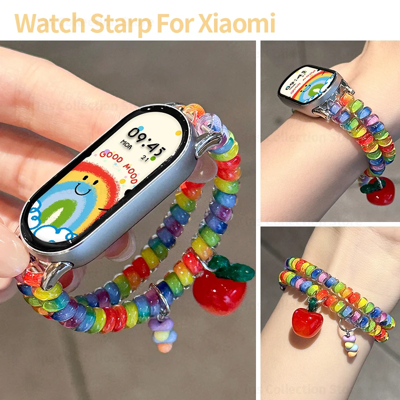 Colorful Rainbow Flat Beads Strap for Xiaomi 10 9 8 Cute Red Apple Double Loop Bracelet Band Women Wristband for Miband 8 9 10