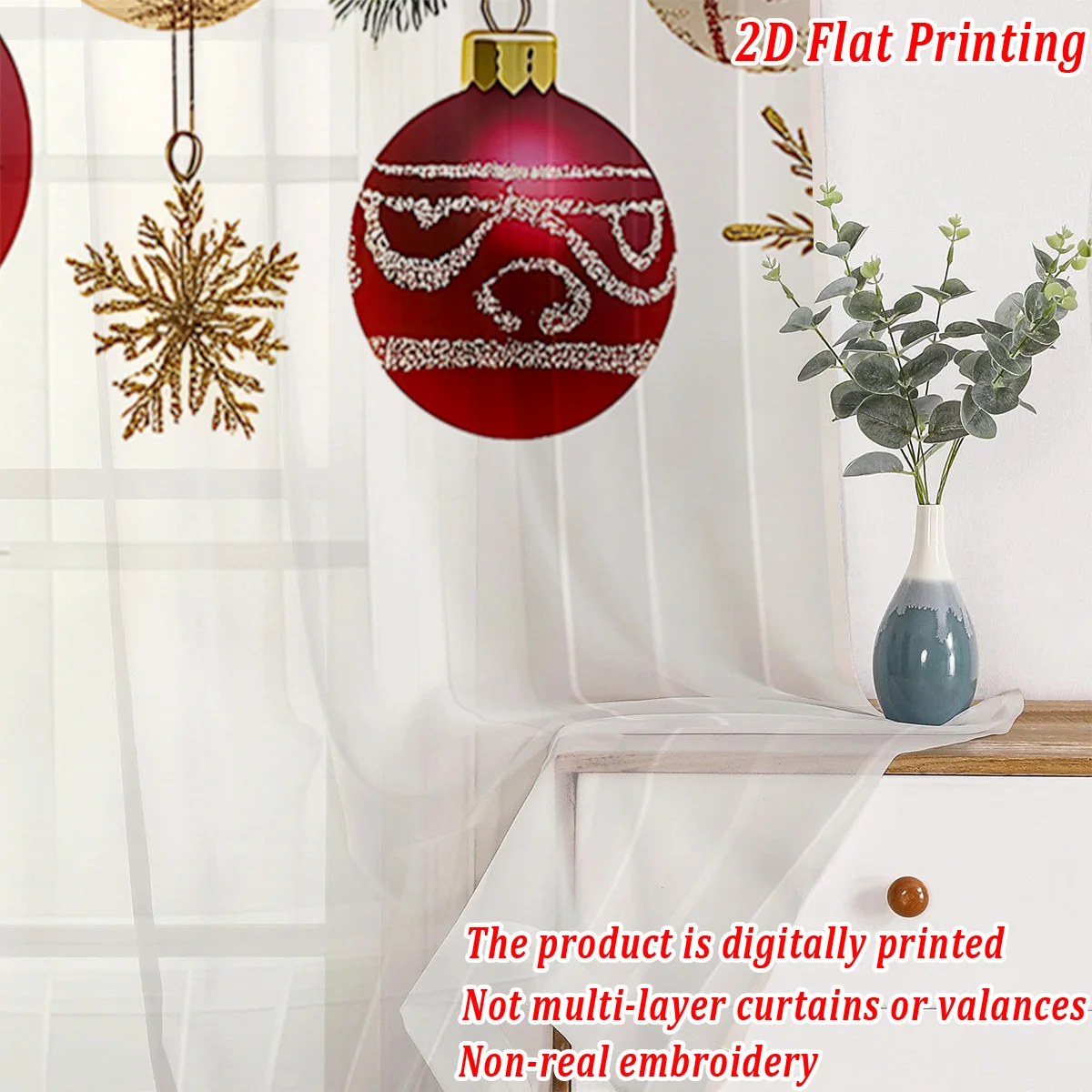 Christmas Flat Printing Sheer Curtain with Christmas Tree Bow Ornaments For Living Room Bedroom Decor Holiday Party Ambiance