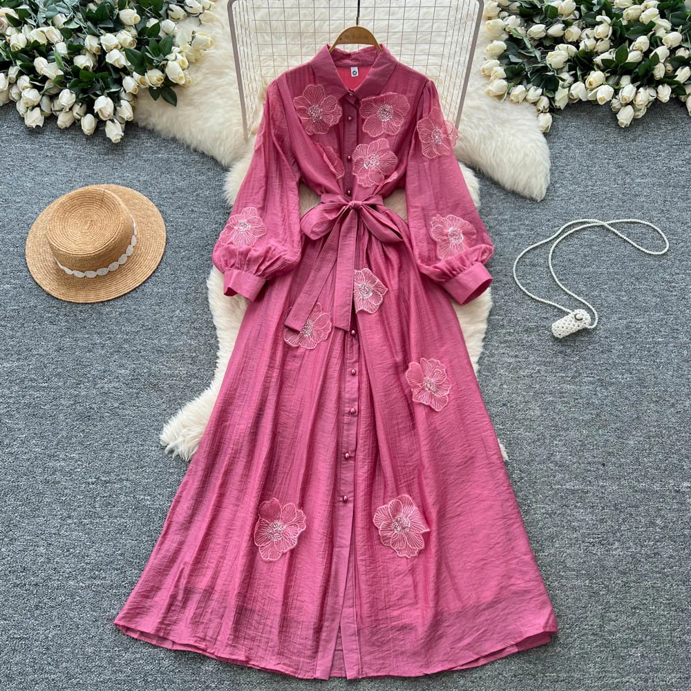 

2026 Women A Line Dresses Solid Dress Turn Down Collar Embroidered Flares Long Sleeves Ankle Length Slight Stretch Casual Autumn