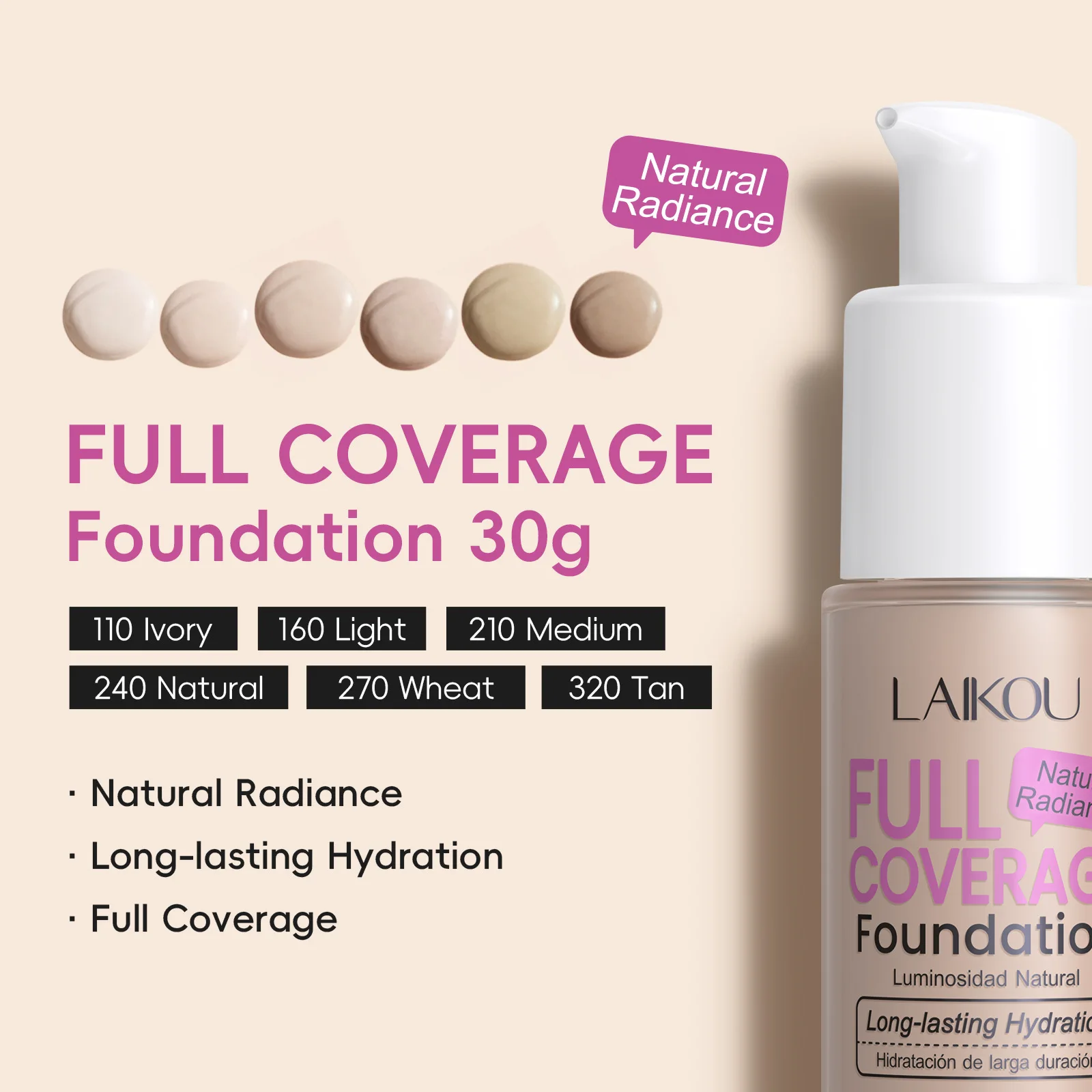 LAIKOU Makeup Base Face Liquid Foundation BB Cream Concealer Moisturizer Oil-control Whitening Waterproof Maquiagem Makeup 30g