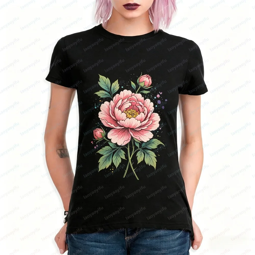 Women Summer Short Sleeve T-Shirt Peony Flower Graphic Fashion Casual Tee Vibrant Floral Print Crew Neck Daily Party Outfit Tops