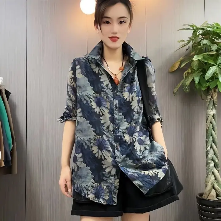 

Весенне-осенний кардиган 2023 с длинными рукавами и цветочным принтом, модный, свободный, стройнящий, повседневный, с воротником, из полиэстера