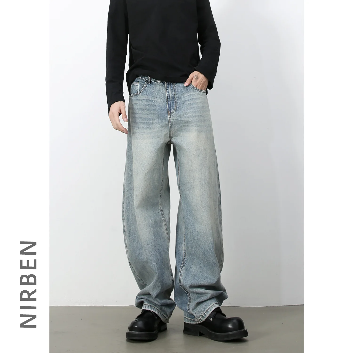 American Retro Silhouette Washed Scimitar Jeans Men's Trendy Brand Loose Straight Wide-leg Trousers