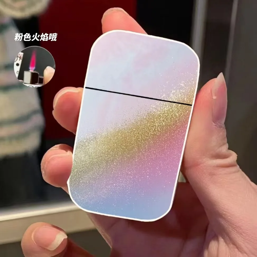 New Ultra-thin Straight-press Pink Flame Lighter Small Portable High-value Lighter Gradient Metal Lighter