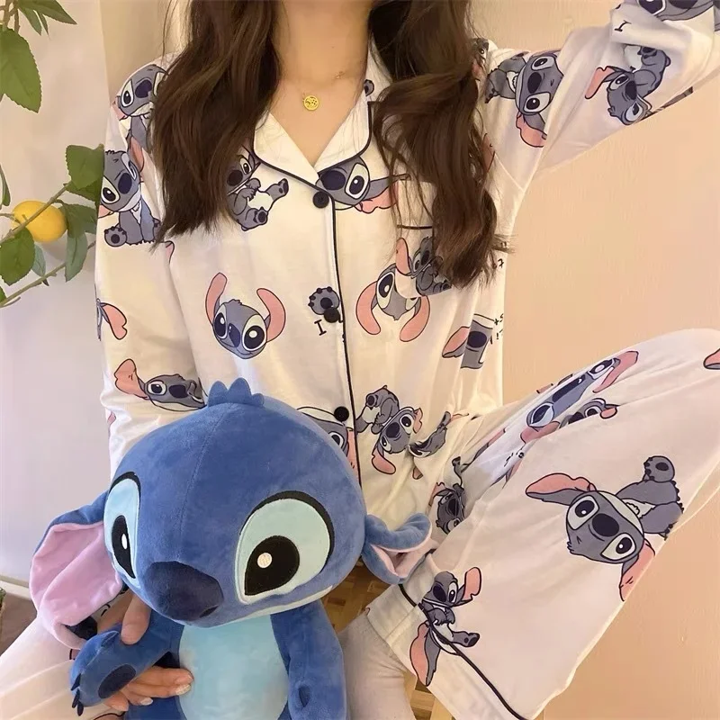 Disney Stitch spring and autumn new pajamas female cute cartoon loose imitation cotton sweet outside loungewear set