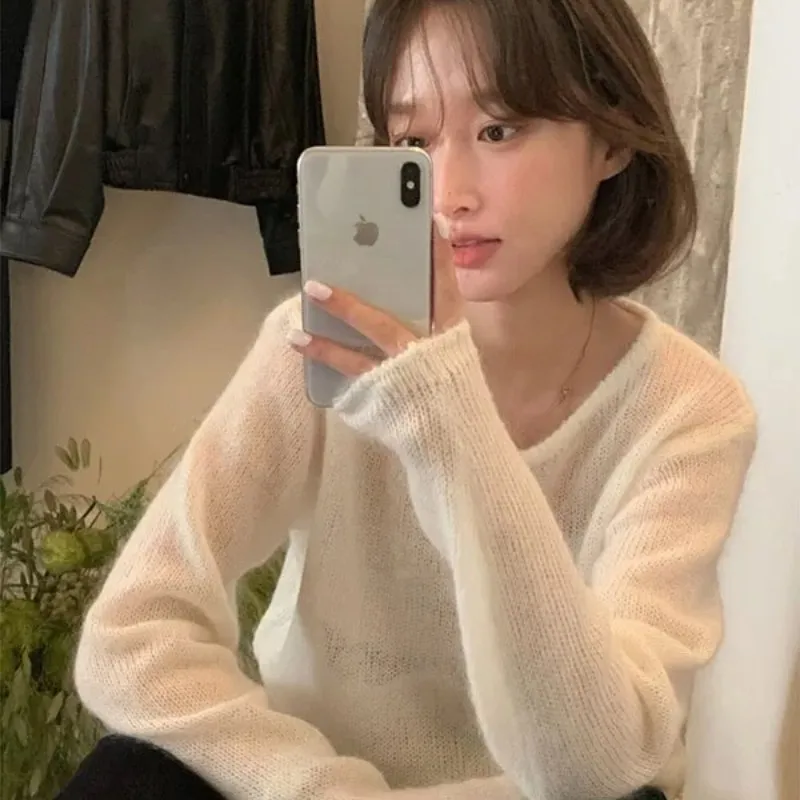 

Осенне-зимний свитер из чистой шерсти с v-образным вырезом, пуловер с длинными рукавами, свободный кашемировый свитер, женский однотонный вязаный свитер