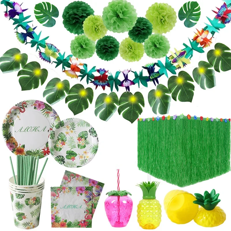 Hawaiian Party Decorations Hawaii Palm Leaves Bunting Banner Luau Aloha Flamingo Summer Tropical Party Birthday Wedding Decor