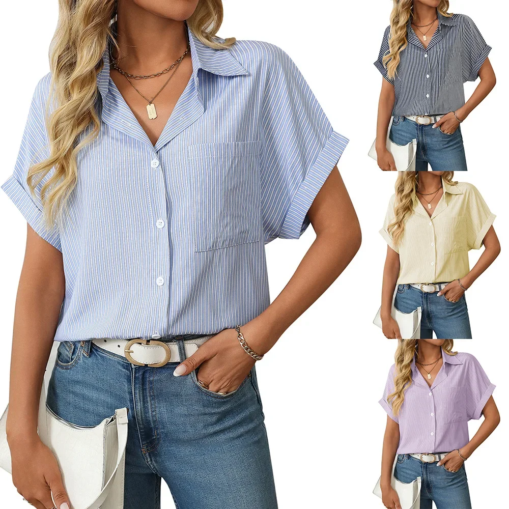 

Women's Summer Blouses Loose Short Sleeve Pocket Casual Striped Shirt For Women Elegant Office Lady Overshirt Women's T-shirt