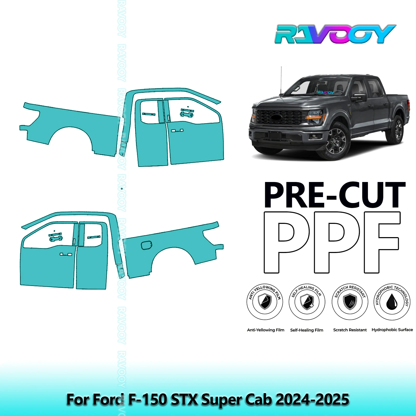 

For Ford F-150 STX Super Cab 2024-2025 8.5mil Clear Matte Pre-Cut PPF Door & A/B Pillar Kit TPU Paint Protection Film Set