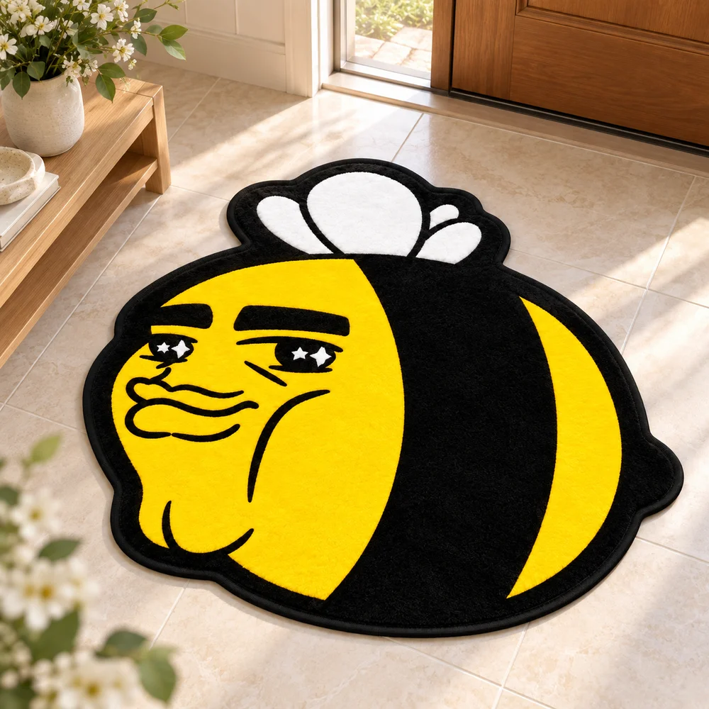 Funny Bee Shaped Area Rug Soft Short Plush Meme Face Bumblebee Novelty Floor Mat for Bedroom Living Room Entryway Home Decor
